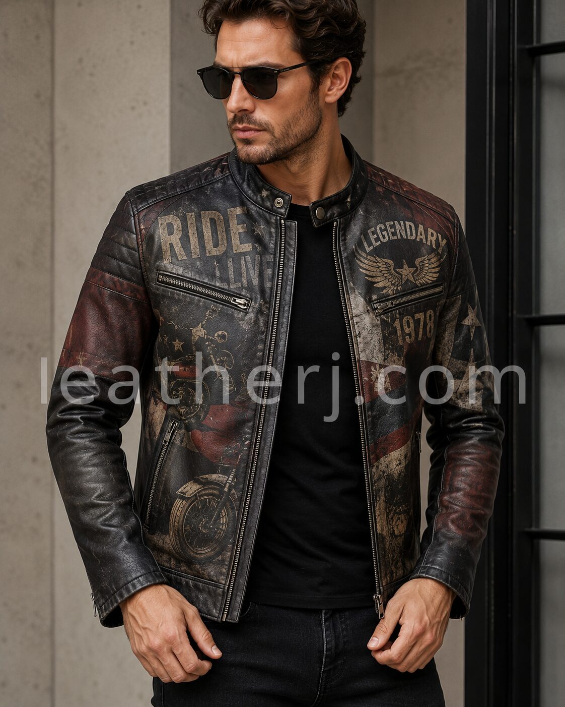 Men's Vintage Printed Leather Café Racer Jacket – Distressed Graphic Biker Style