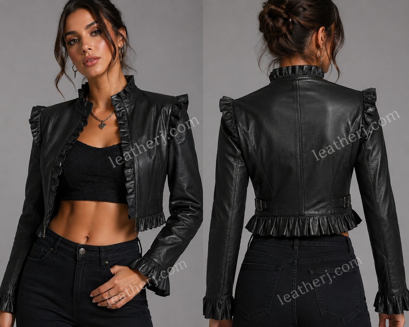 Women's Cropped Black Leather Jacket with Ruffle Frill Trim – Fashion Moto Jacket