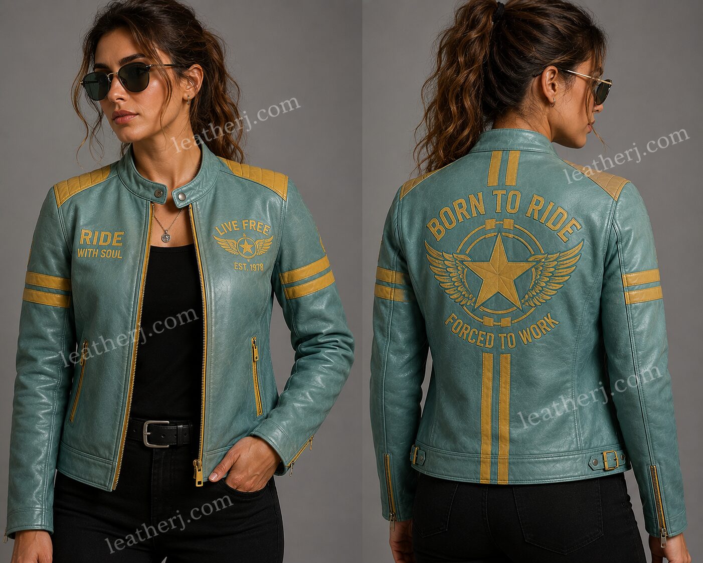 Women's Sea Green Leather Moto Jacket with Yellow Contrast Accents