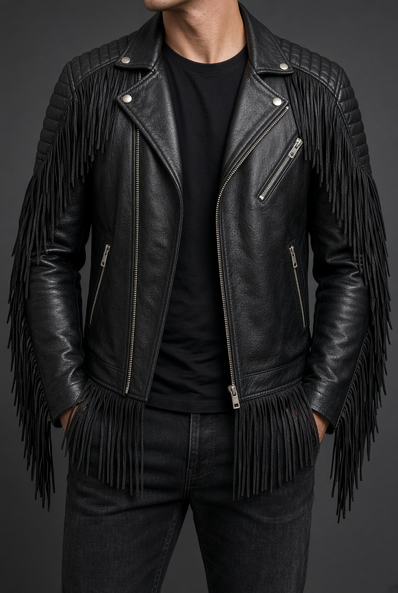 Black Fringe Leather Biker Jacket