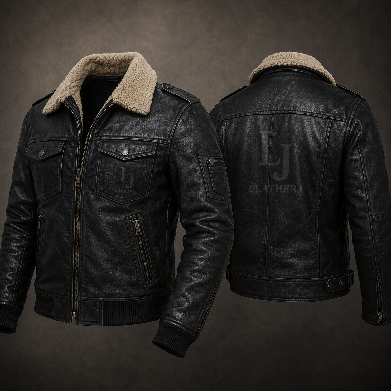 LeatherJ Men’s Black Buffalo Leather Shearling Jacket