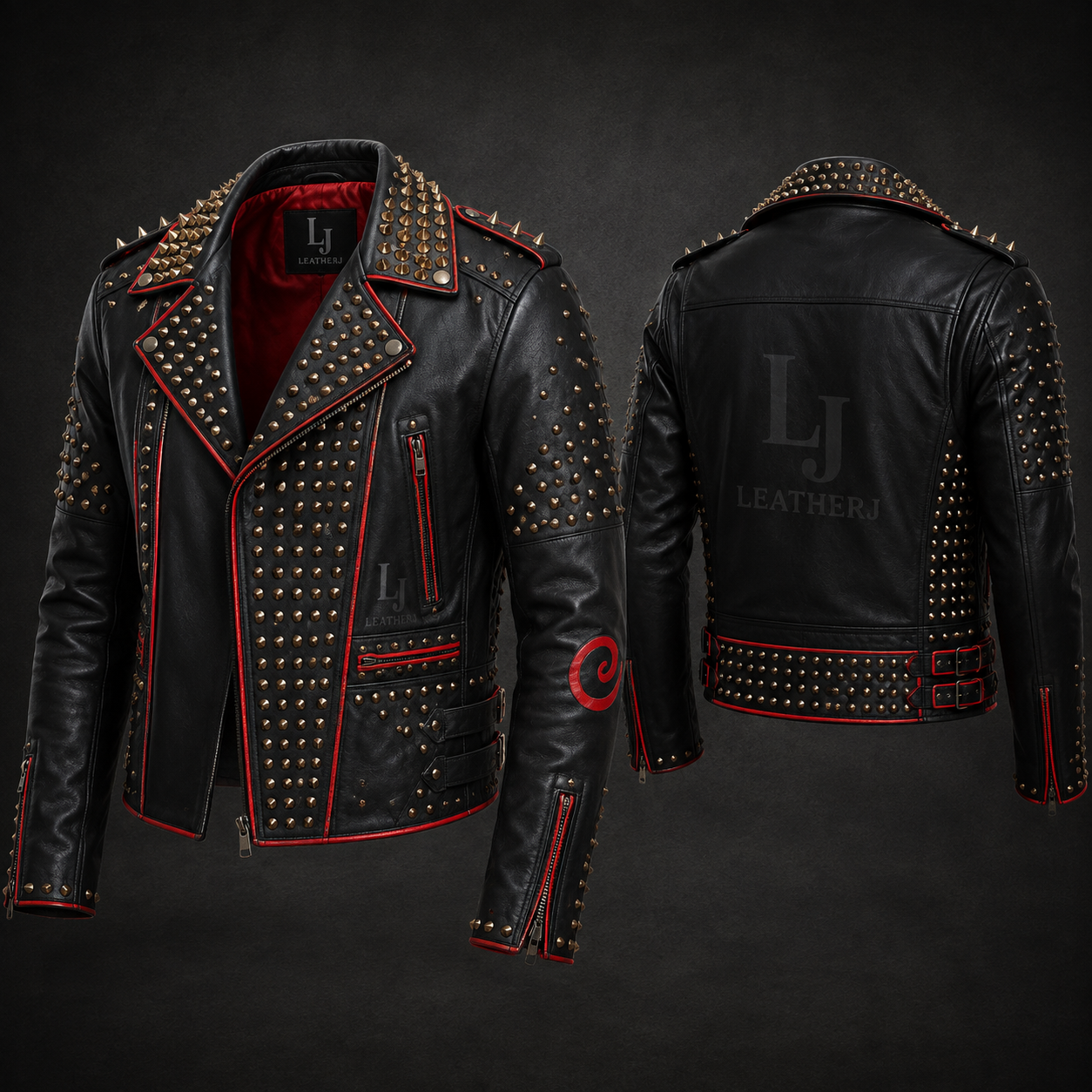 LeatherJ Men’s Black Studded Punk Biker Leather Jacket