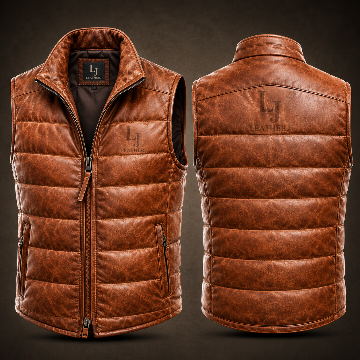 LeatherJ Men’s Cognac Brown Quilted Leather Vest