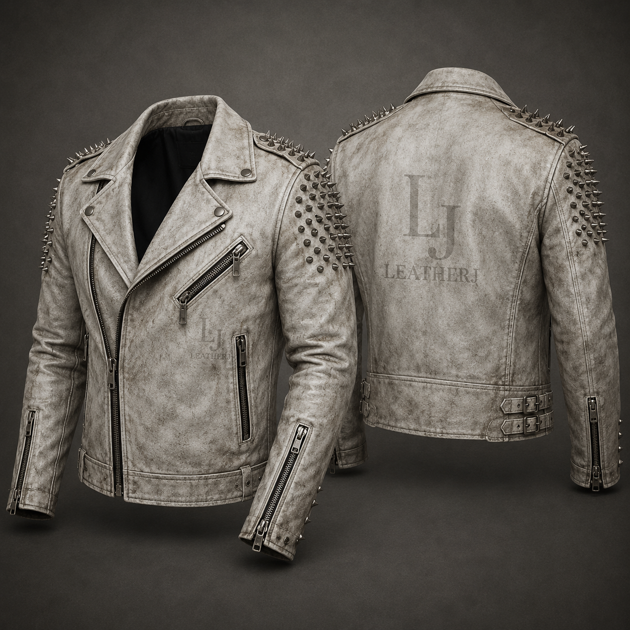 LeatherJ Men’s Distressed White Studded Biker Leather Jacket