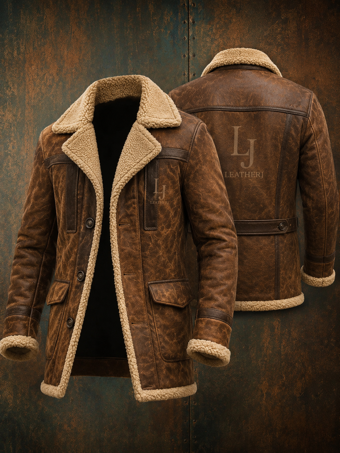 LeatherJ Men’s Vintage Brown Shearling Leather Coat