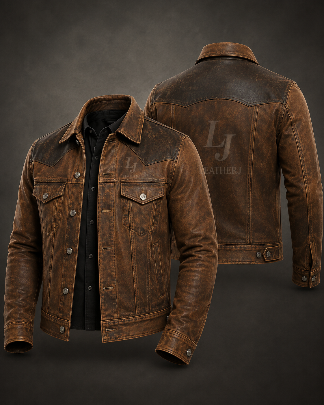LeatherJ Men’s Vintage Western Distressed Leather Jacket
