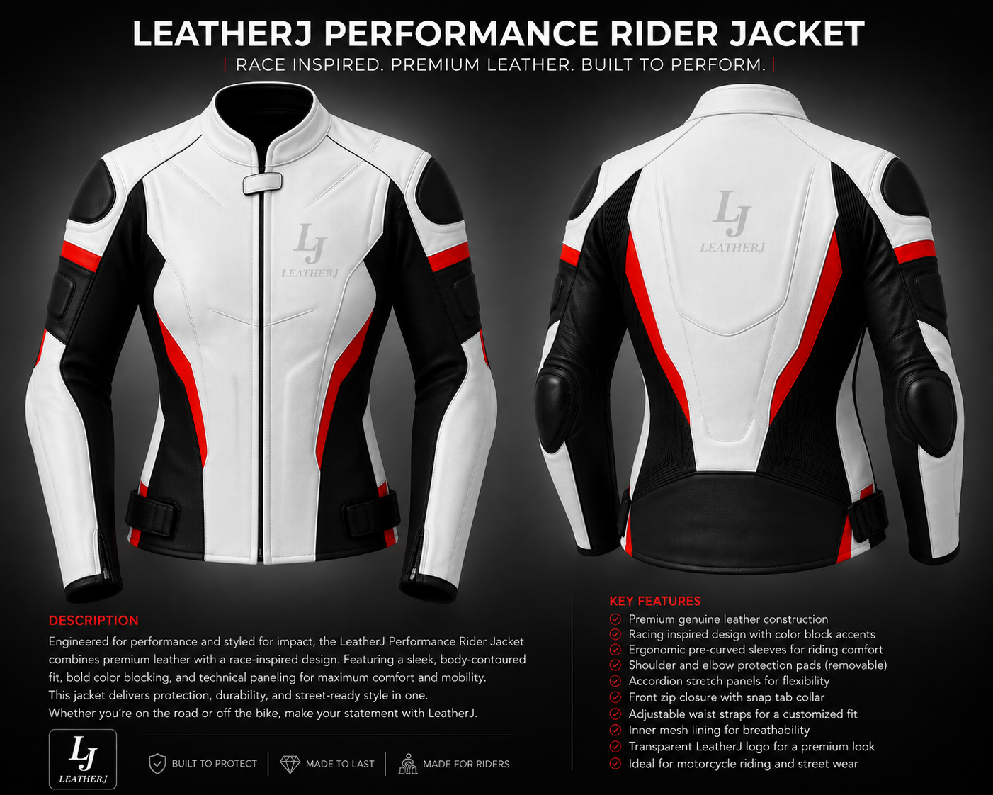 LeatherJ Performance White & Red Motorcycle Leather Jacket