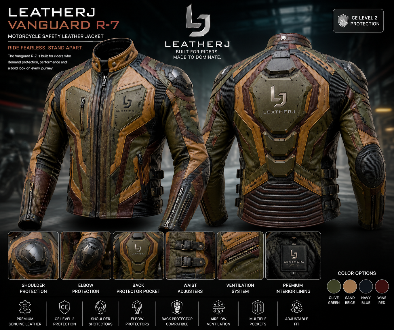 LeatherJ Vanguard R-7 Motorcycle Safety Leather Jacket