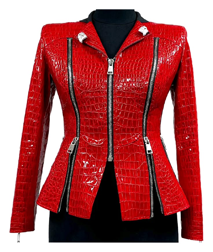 Red Crocodile Embossed Leather Motorcycle Jacket – Premium Biker Style with Silver Zippers