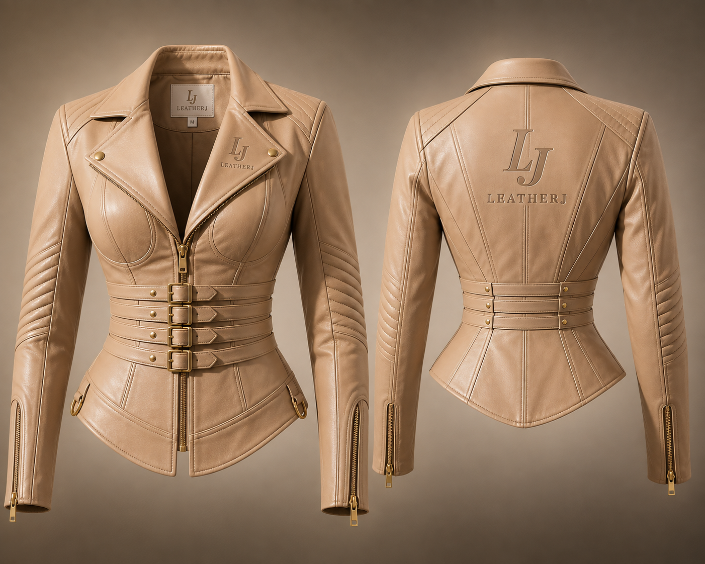 Women’s Beige Leather Belted Moto Jacket