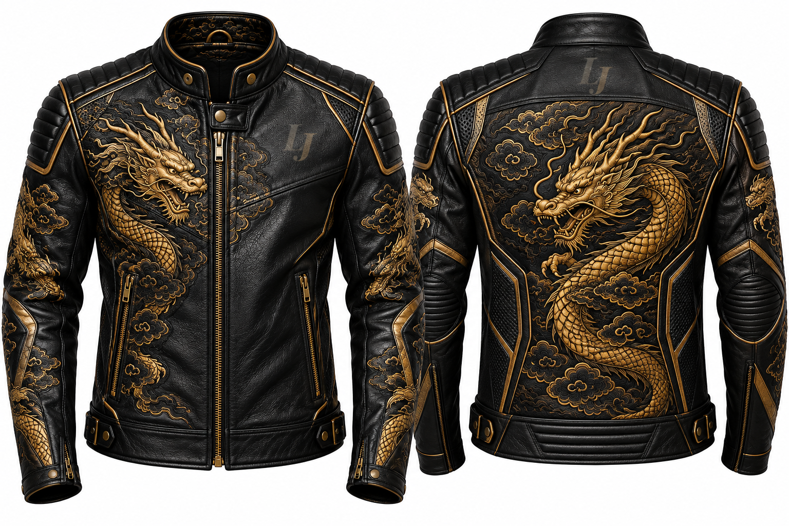 LeatherJ Black Dragon Leather Jacket – Premium Gold Embroidered Edition