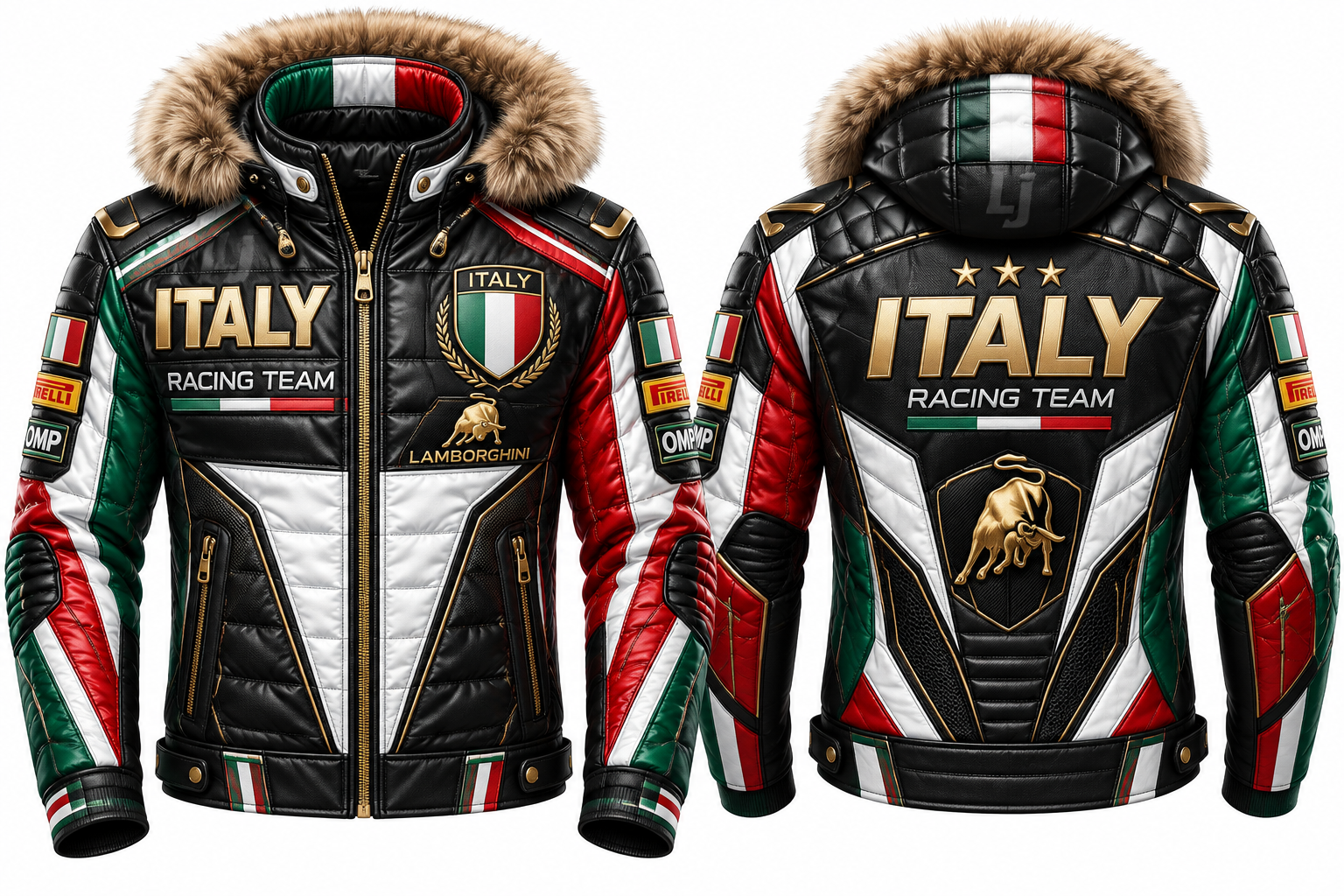 LeatherJ Italian Racing Puffer Jacket – Premium Tricolor Edition