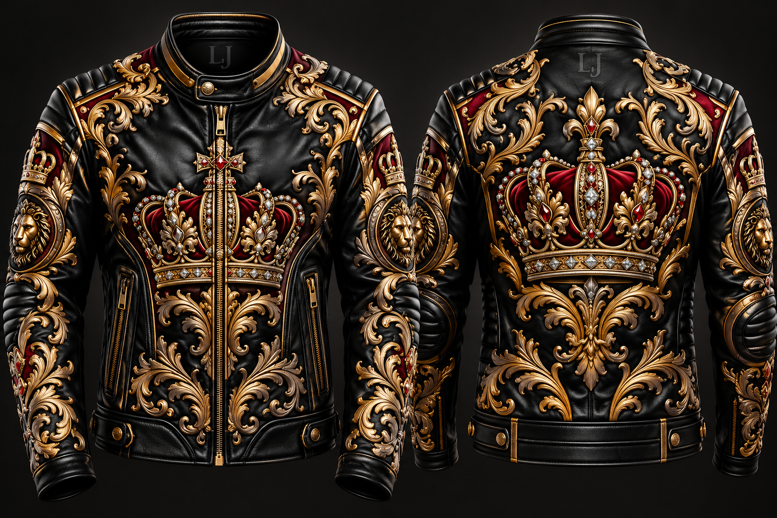LeatherJ Royal Crown Leather Jacket – Black & Gold Luxury Edition