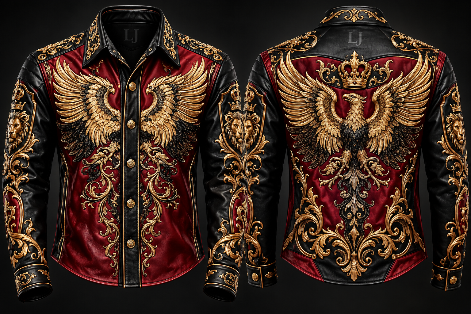 LeatherJ Royal Phoenix Leather Jacket – Black & Burgundy Luxury Edition