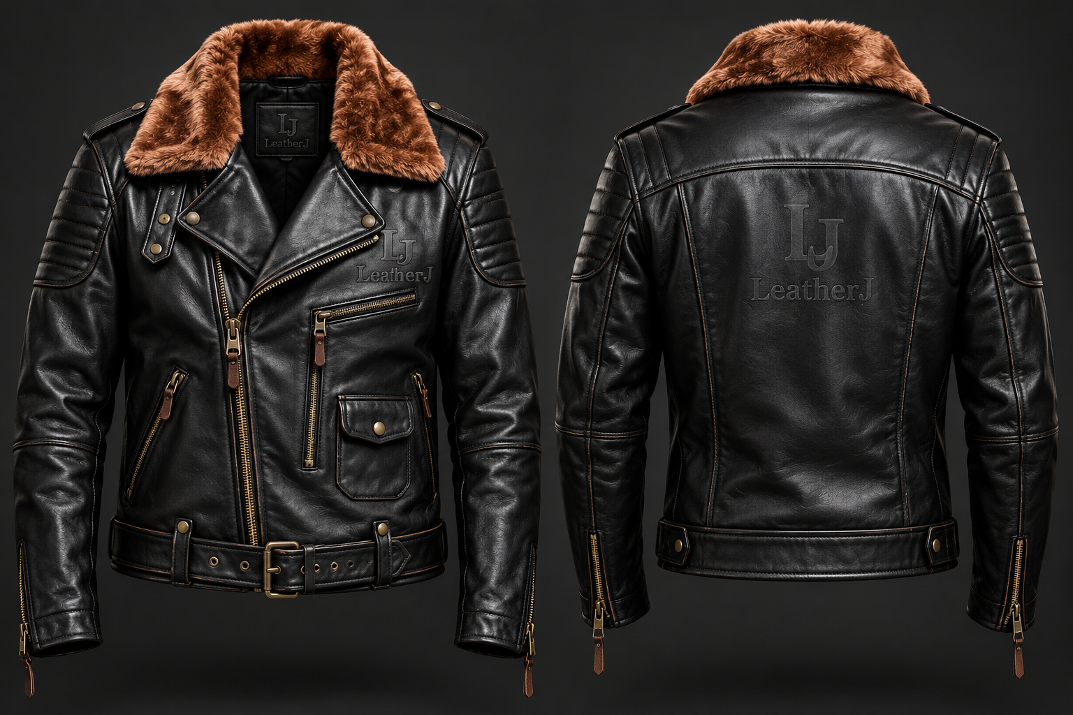 Men’s Black Leather Biker Jacket with Brown Shearling Collar – LeatherJ