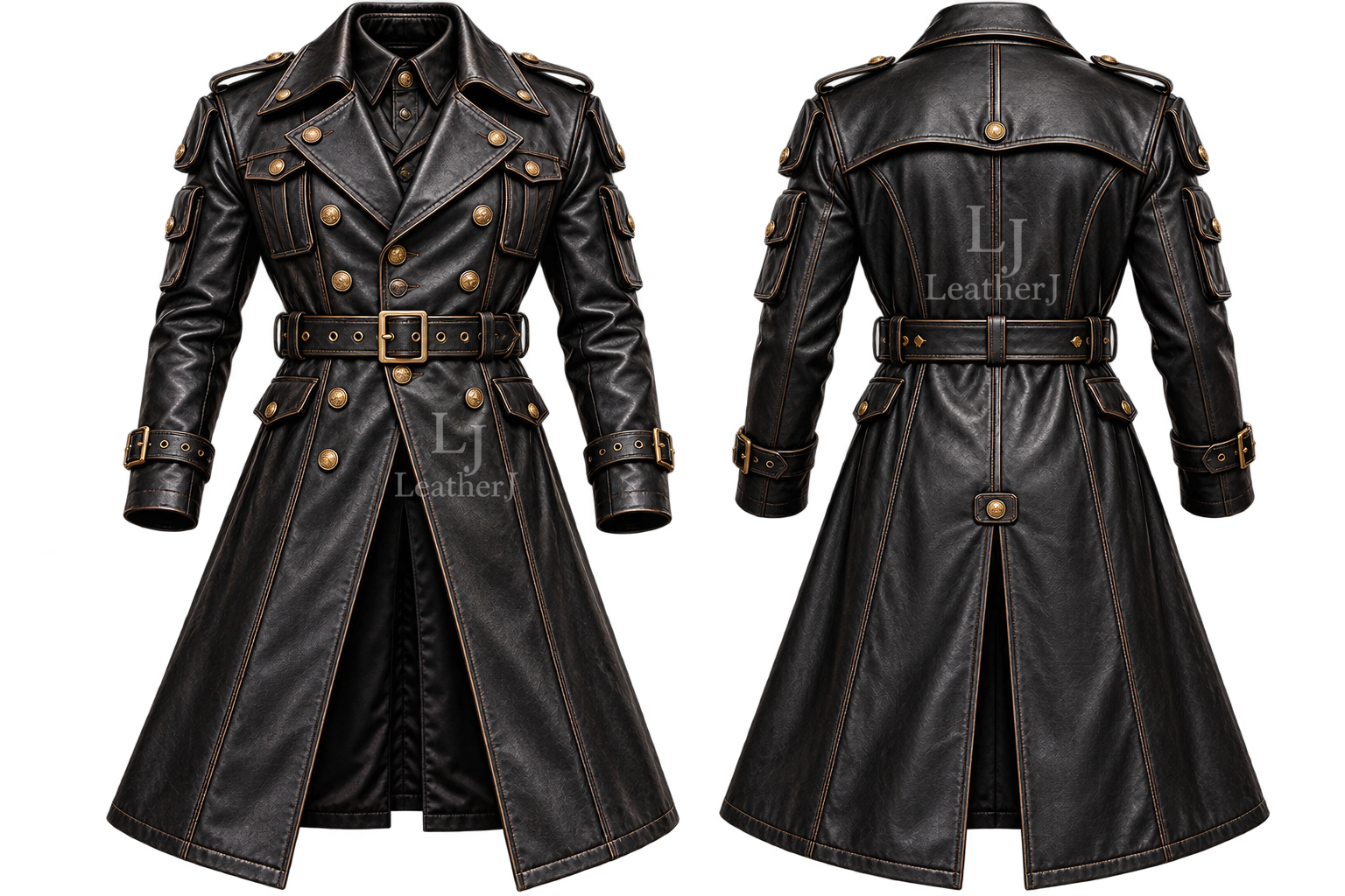 Men’s Black Leather Military Trench Coat