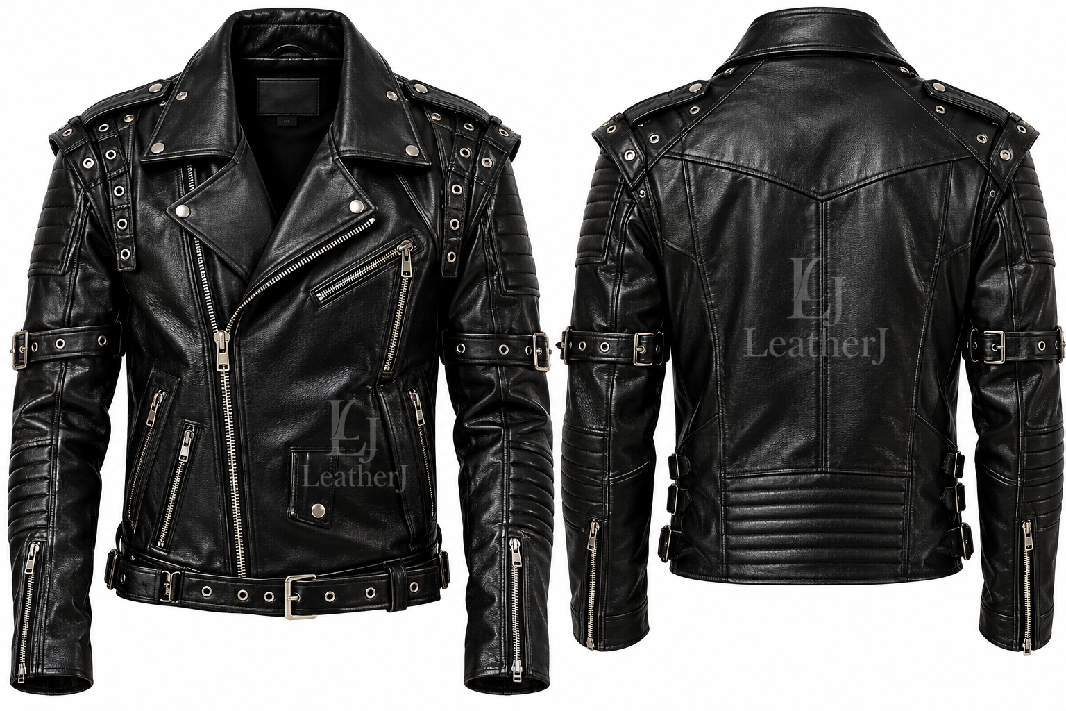 Men’s Black Leather Punk Biker Jacket