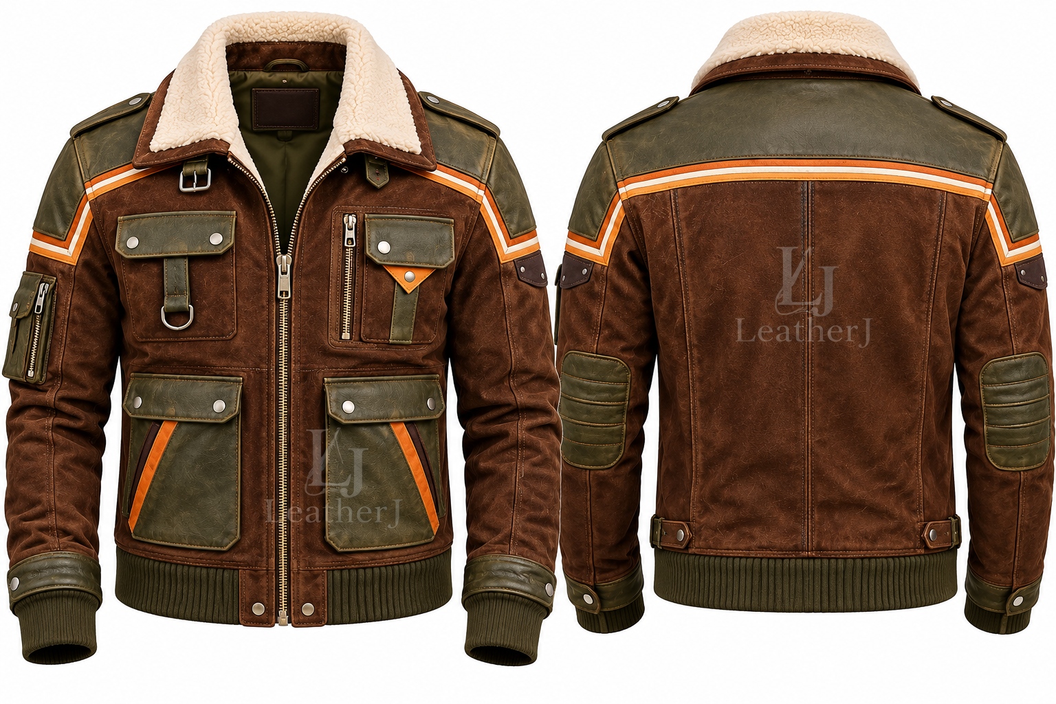 Men’s Brown & Olive Leather Shearling Aviator Jacket
