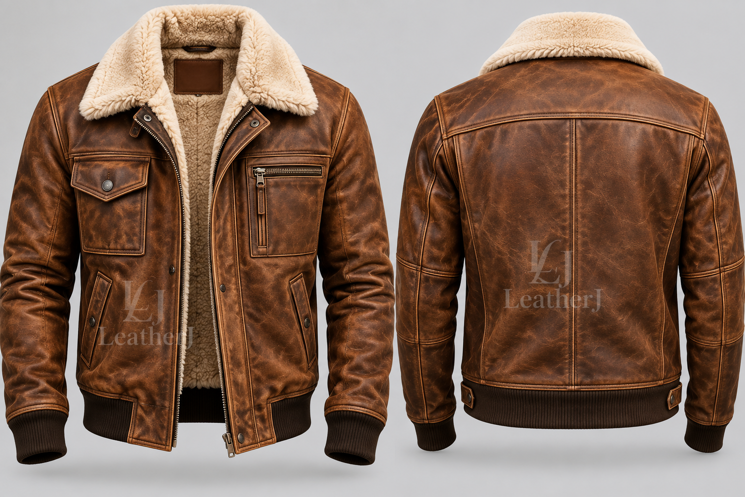 Men’s Distressed Brown Leather Shearling Jacket