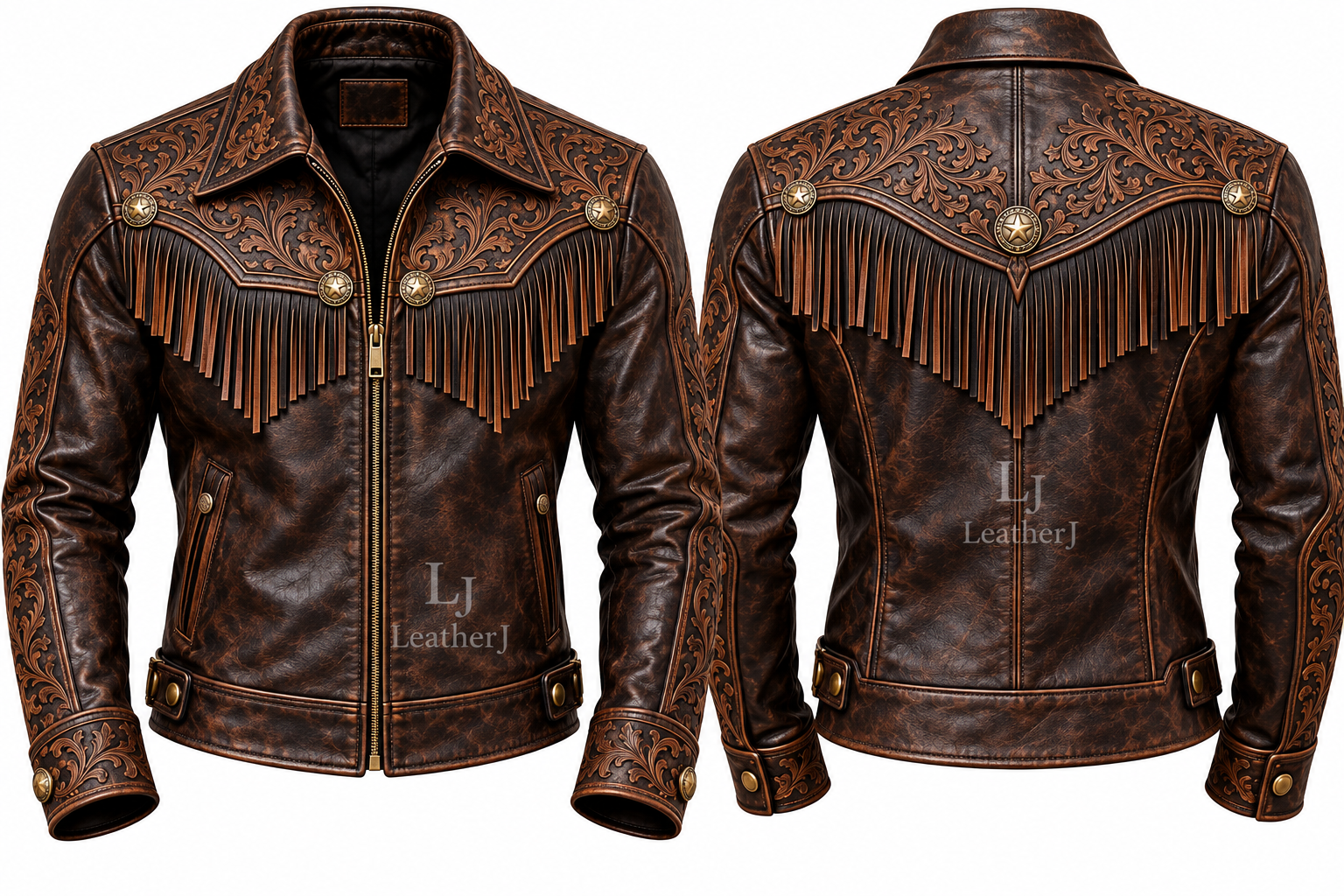 Men’s Distressed Brown Western Leather Fringe Jacket