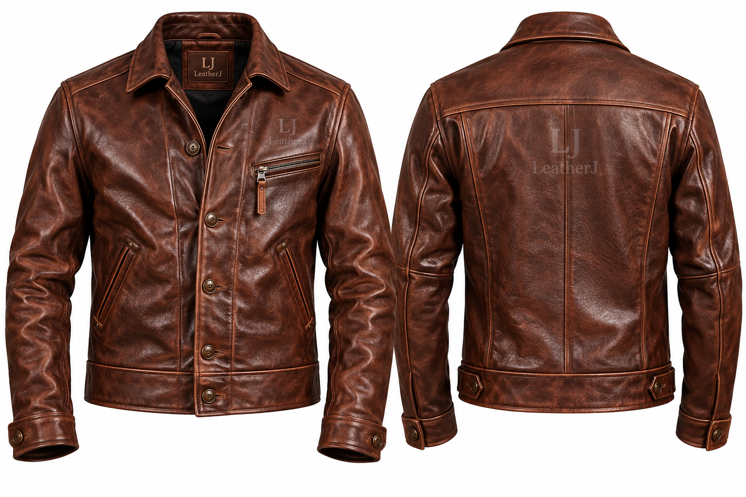 Men’s Vintage Brown Leather Jacket – Classic Button Front | LeatherJ