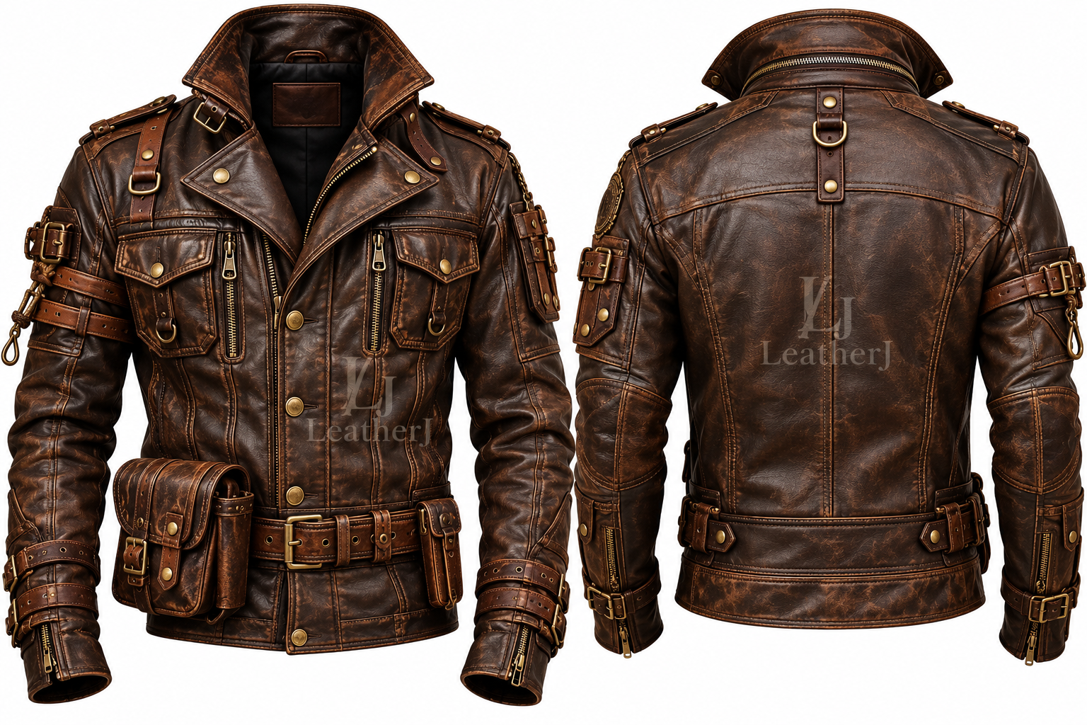 Men’s Vintage Brown Leather Utility Biker Jacket