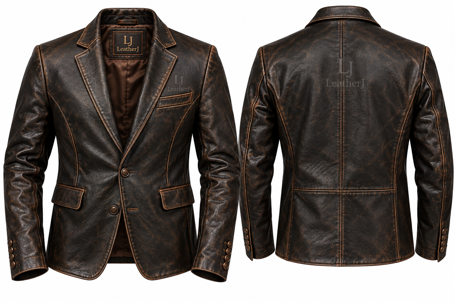 Men’s Vintage Distressed Leather Blazer – Classic Brown Black LeatherJ