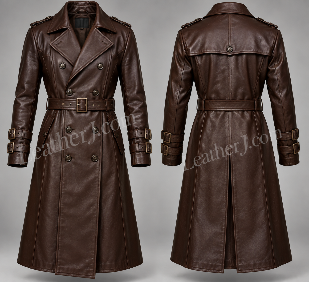 Title: Men’s Dark Brown Leather Trench Coat with Buckled Sleeves