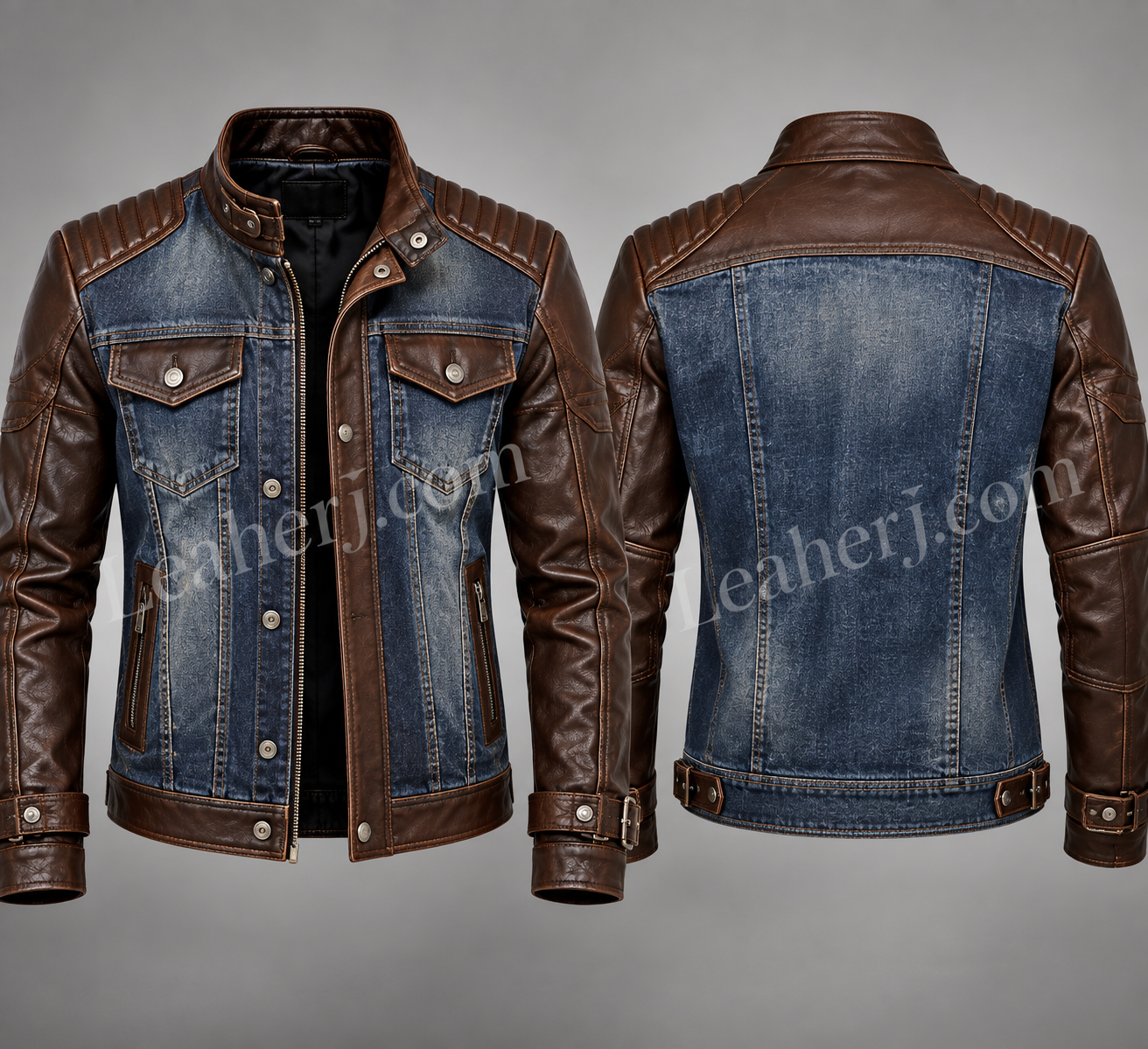 Title: Men’s Denim & Brown Leather Biker Jacket – Vintage Motorcycle Style