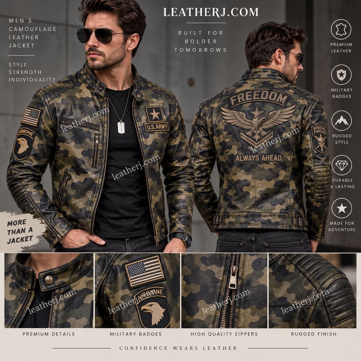 Men’s Camouflage Leather Jacket – Military-Inspired Rugged Bomber Style