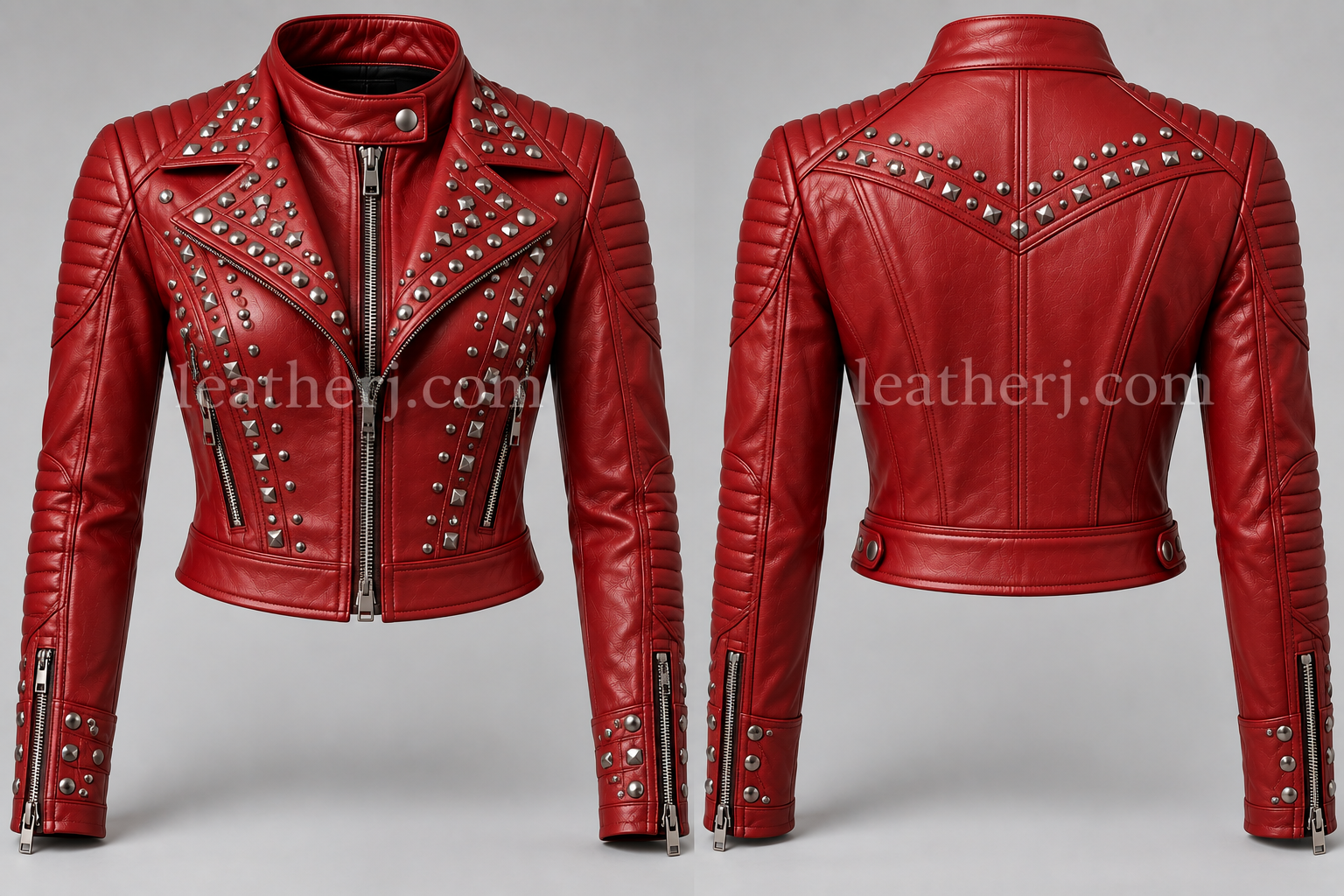 Red Studded Leather Biker Jacket for Women