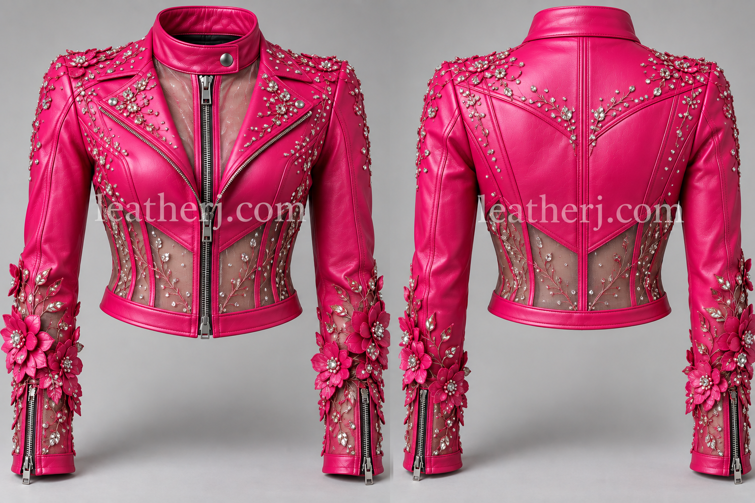 Shocking Pink Rhinestone Floral Leather Crop Jacket for Women