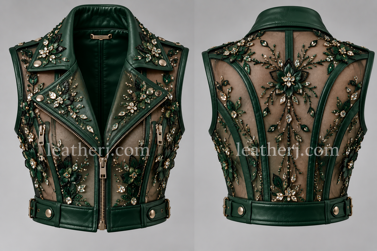Emerald Green Embellished Leather Crop Jacket for Women
