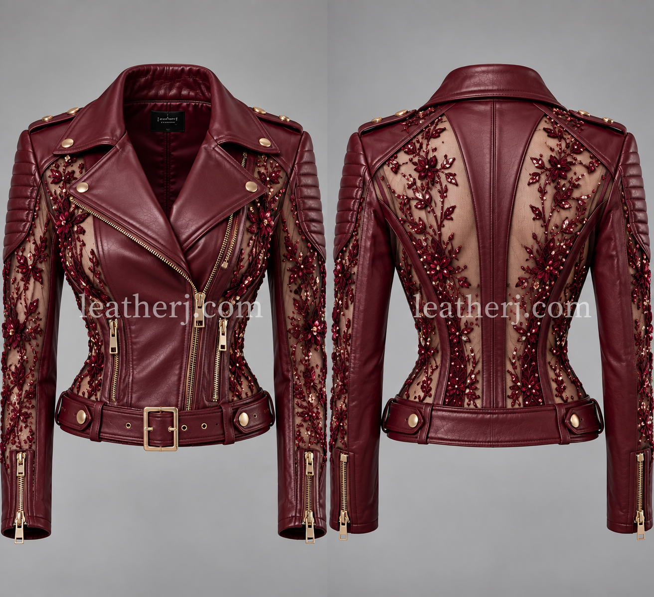 Burgundy Sheer Panel Embellished Leather Biker Jacket for Women
