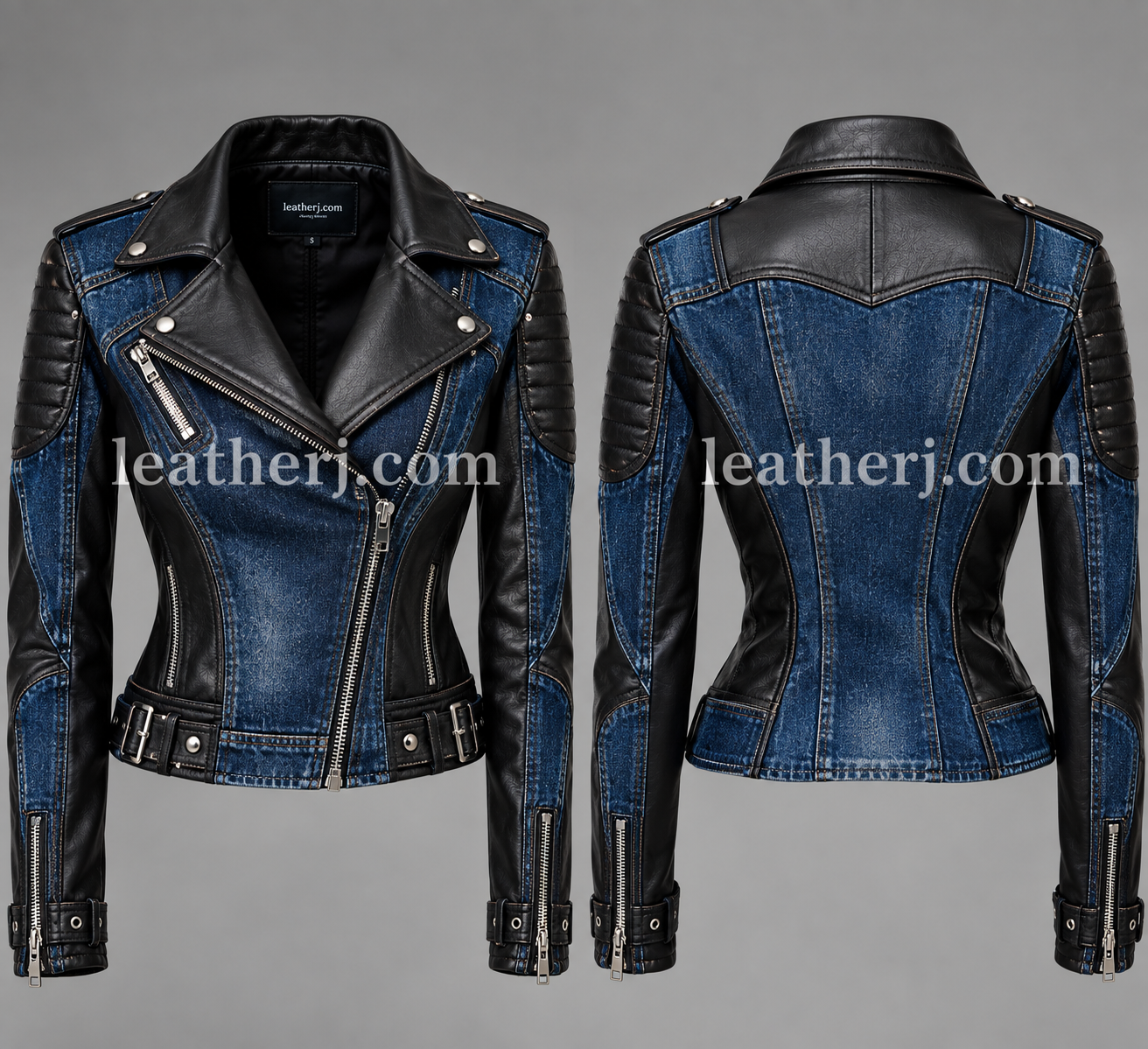Women’s Blue Denim & Black Leather Moto Jacket