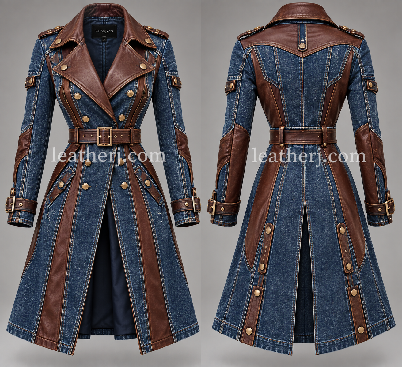 Women’s Blue Denim & Brown Leather Trench Coat