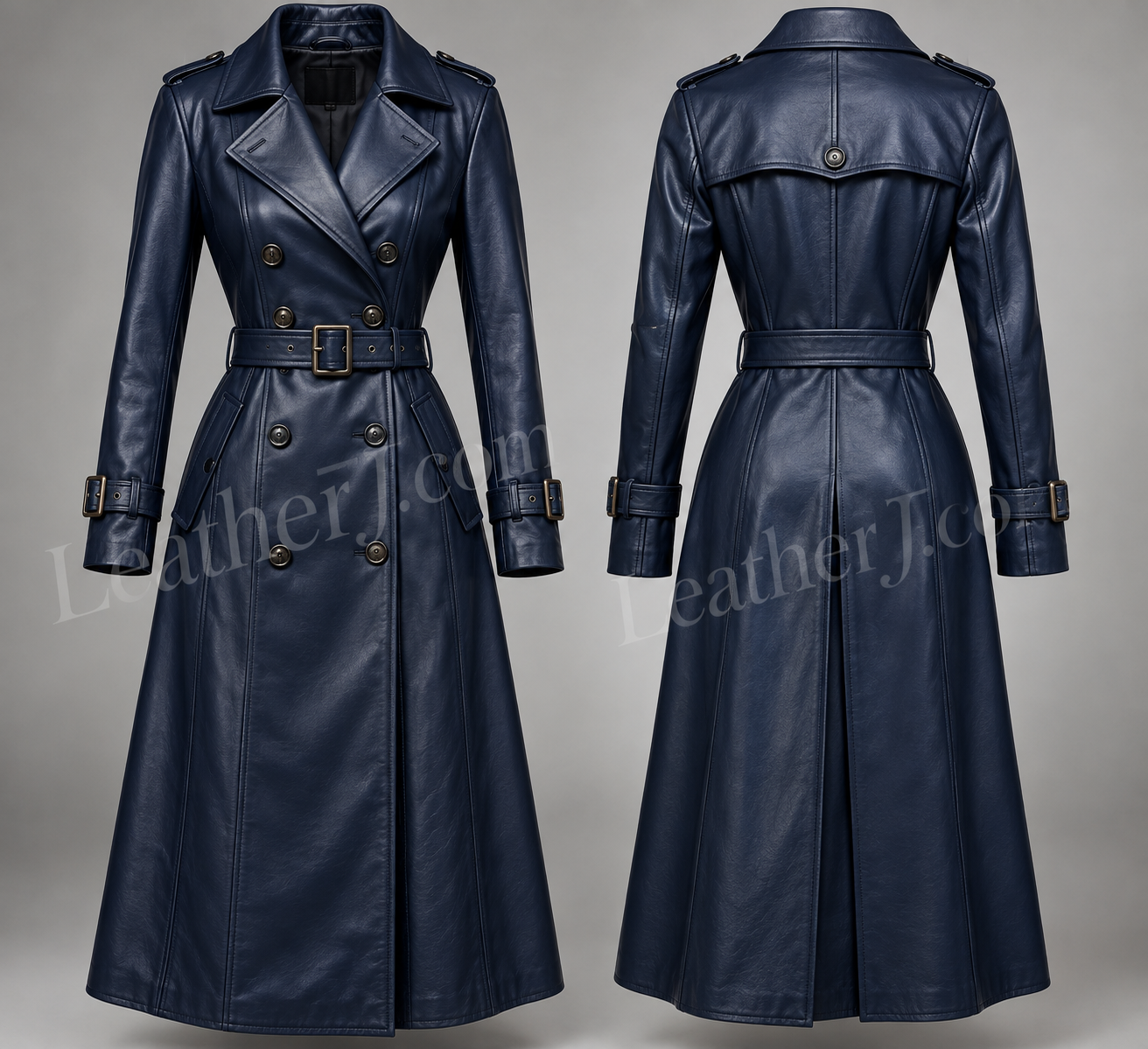 Title: Women’s Dark Navy Blue Leather Trench Coat – Belted Double-Breasted Long Coat
