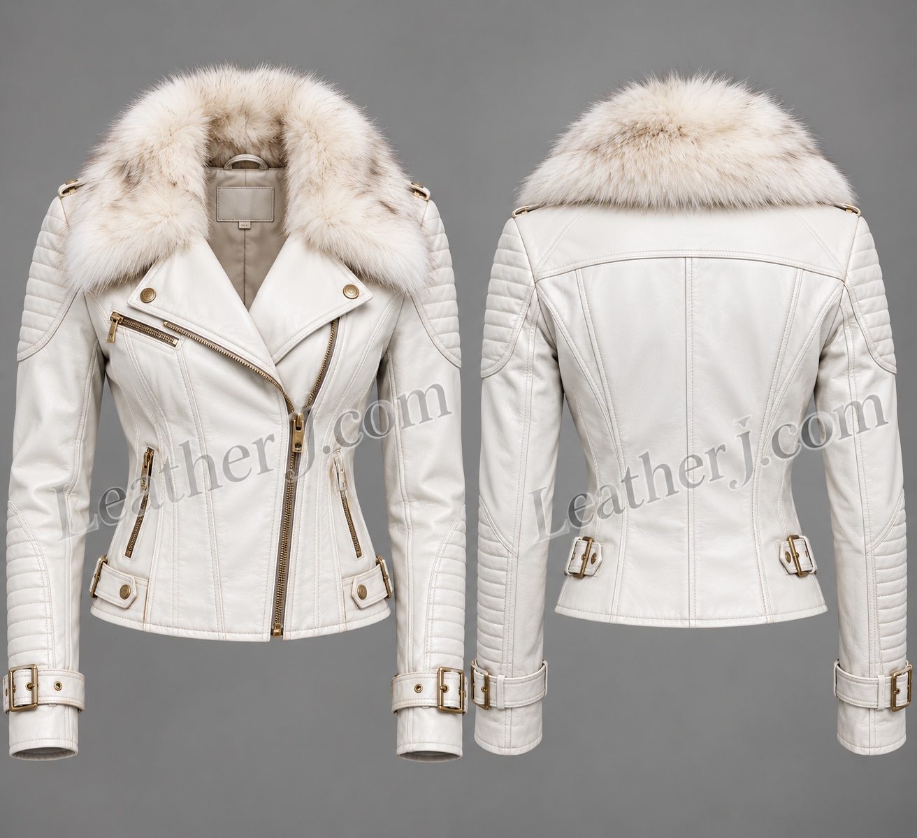 Title: Women’s White Leather Biker Jacket with Luxurious Fur Collar