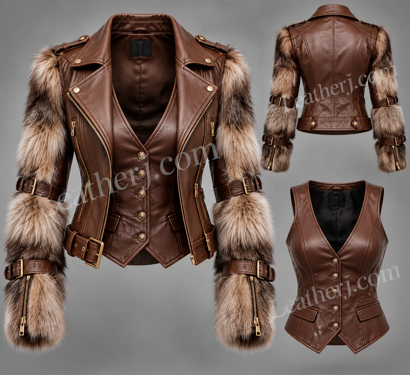 Title: Women’s Brown Leather Jacket & Fur Sleeve Vest
