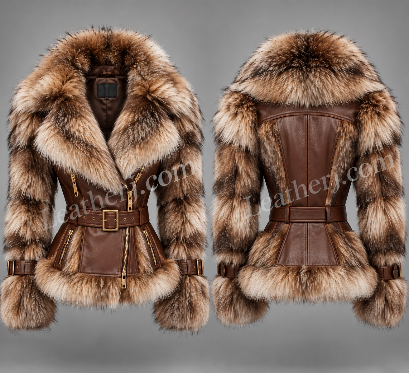Title: Women’s Full Fur Leather Jacket – Luxury Brown Leather & Fur Coat