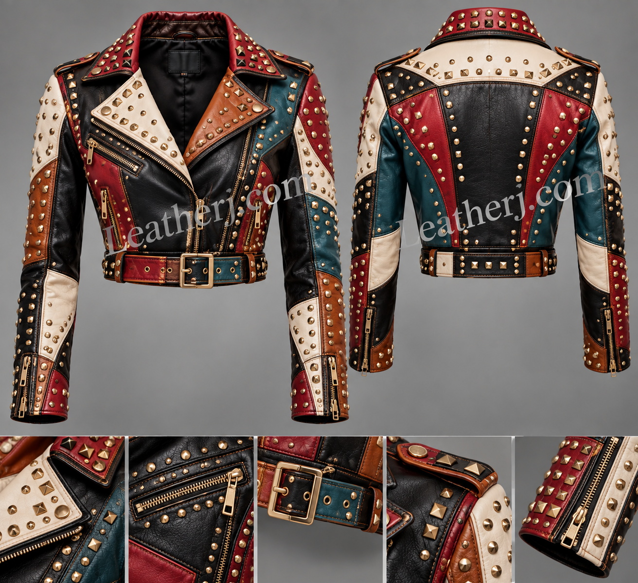 Title: Women’s Multicolor Studded Leather Crop Jacket – Patchwork Biker Style