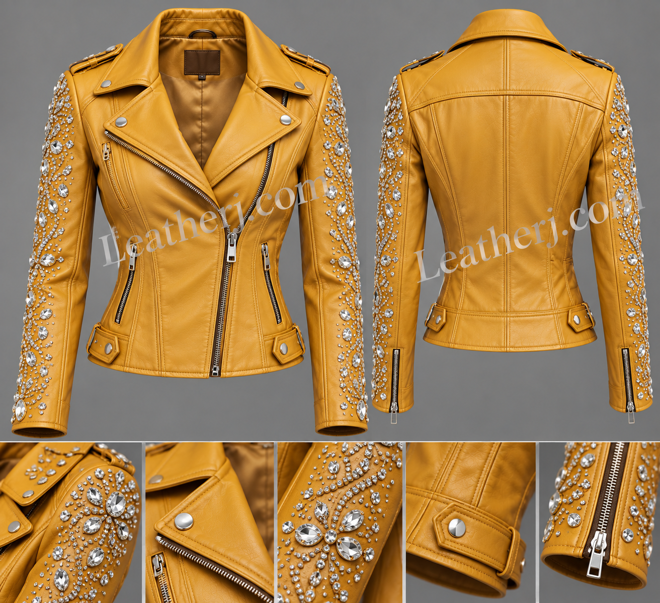 Title: Women’s Mustard Yellow Leather Jacket with Rhinestone Studded Sleeves