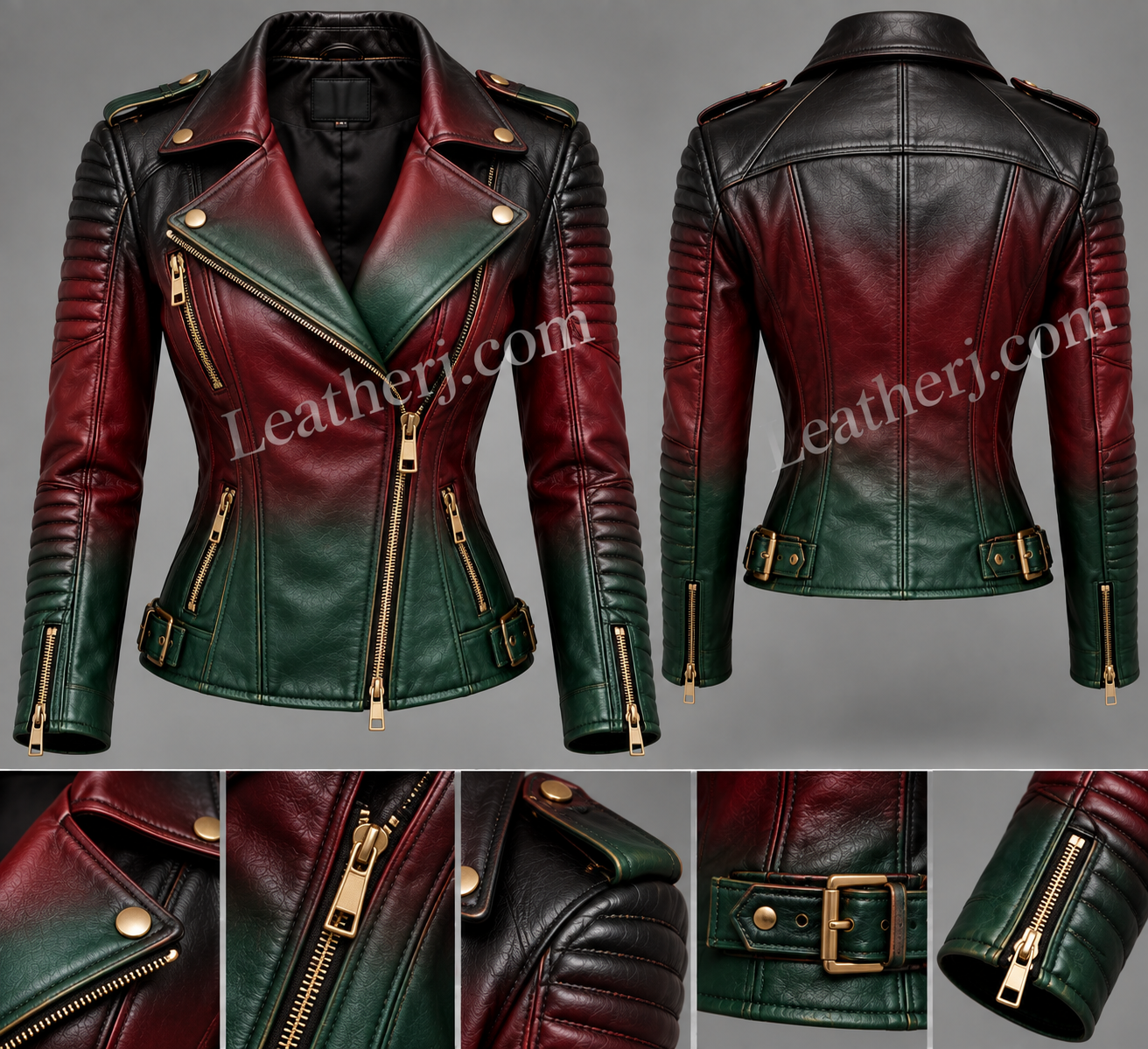 Title: Women’s Black, Maroon & Green Ombre Leather Biker Jacket