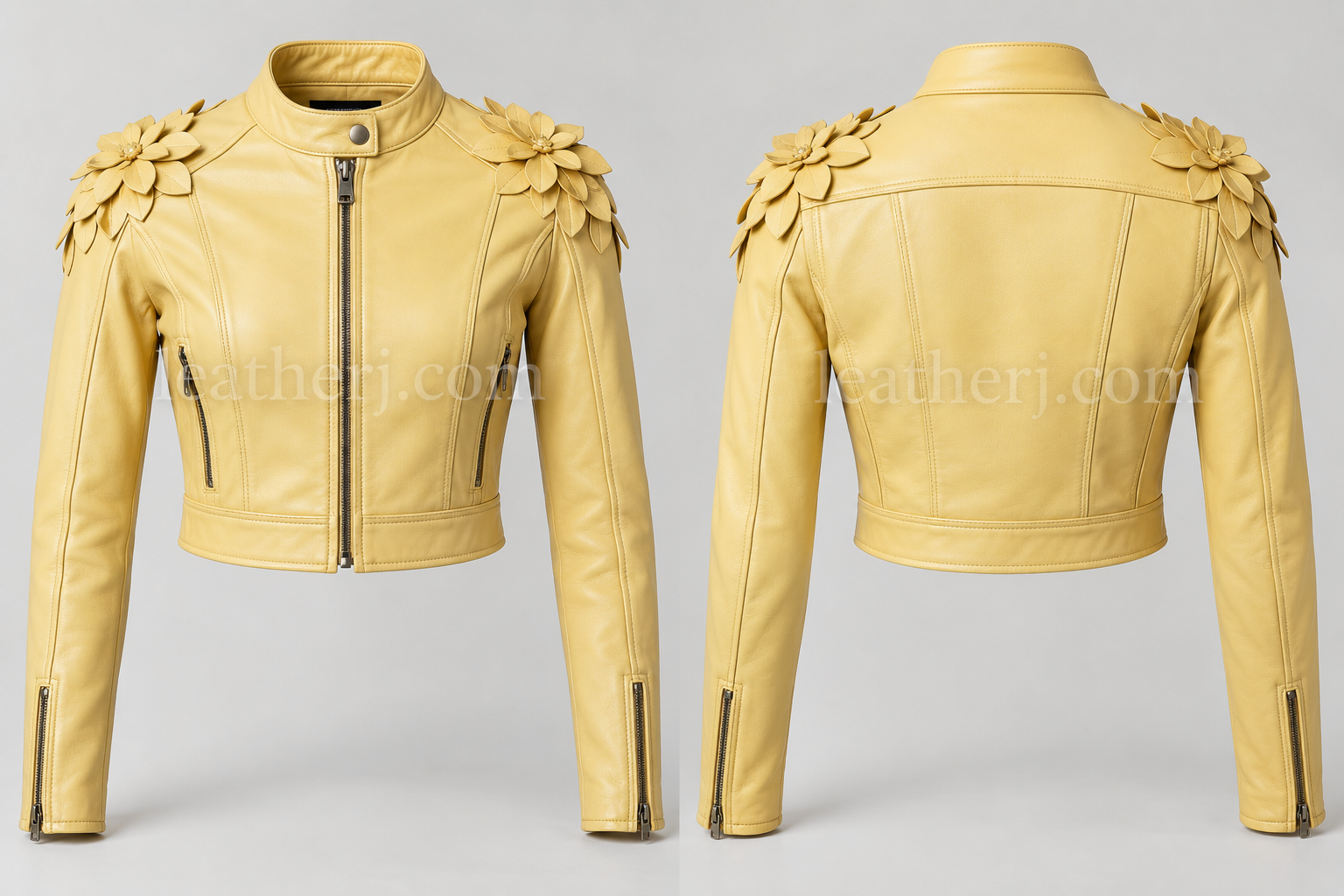 Soft Yellow Leather Floral Crop Jacket