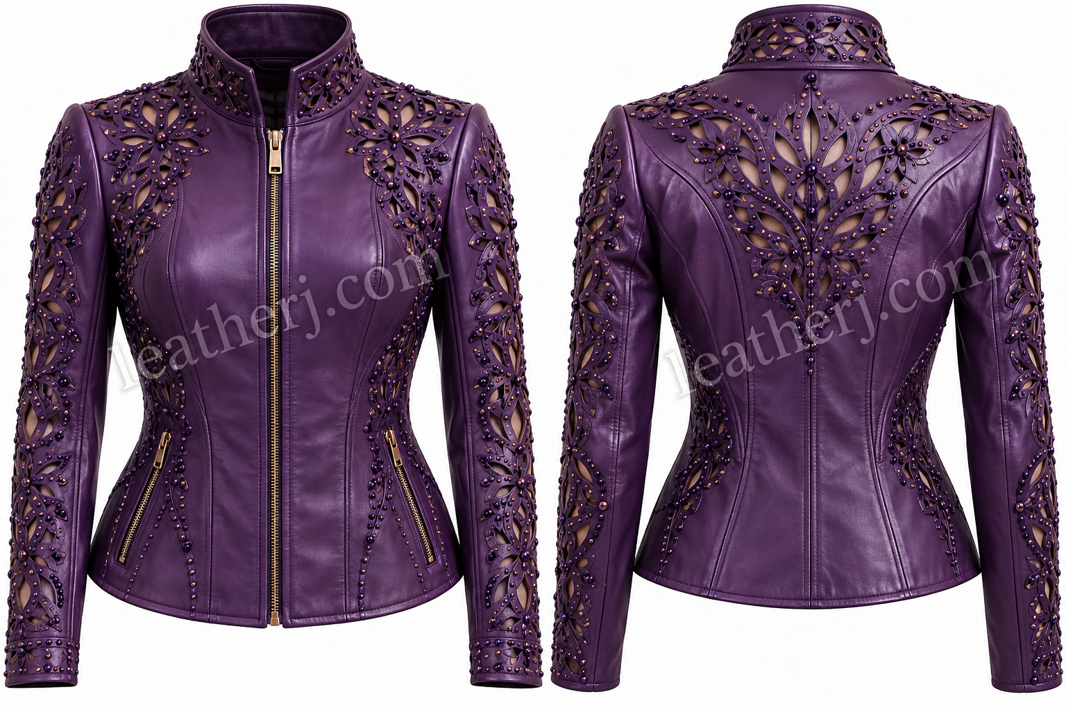 Purple Cutwork Beaded Leather Jacket