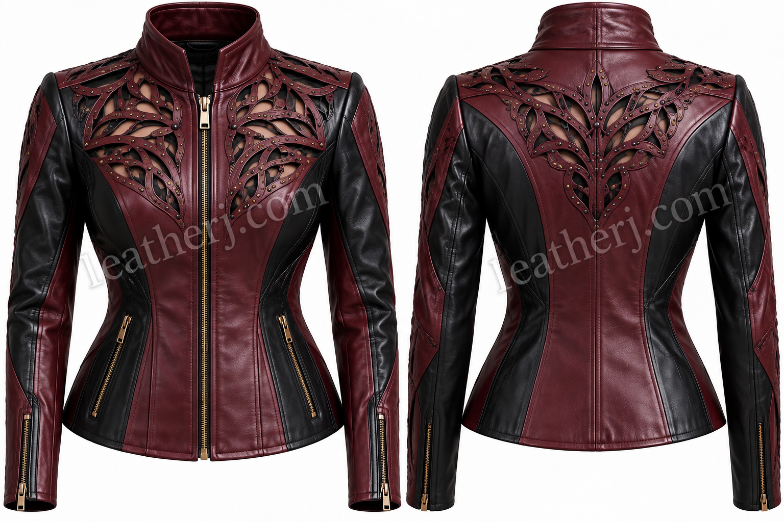 Maroon & Black Cutwork Leather Jacket