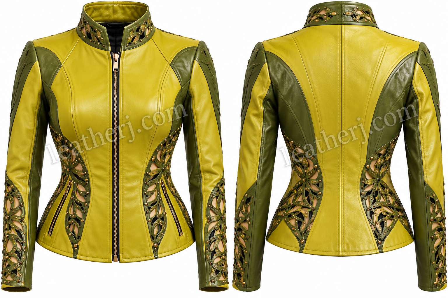 Yellow & Olive Green Floral Cutwork Leather Jacket