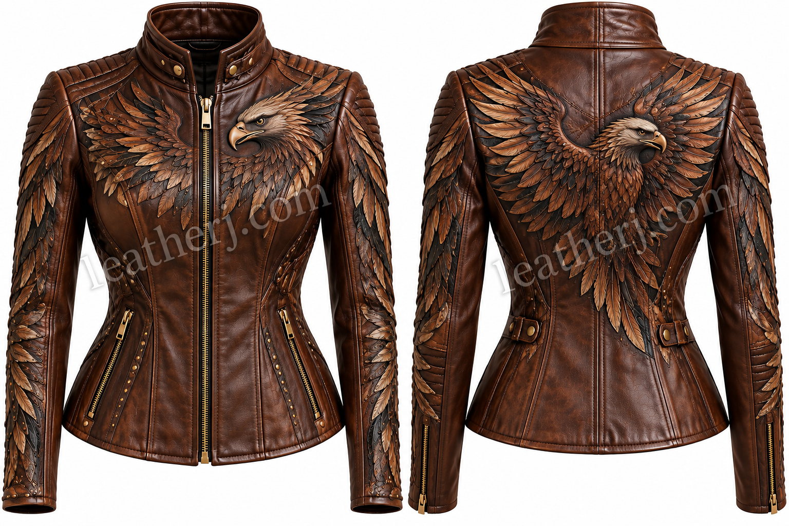 Brown Eagle Print Leather Jacket for Women