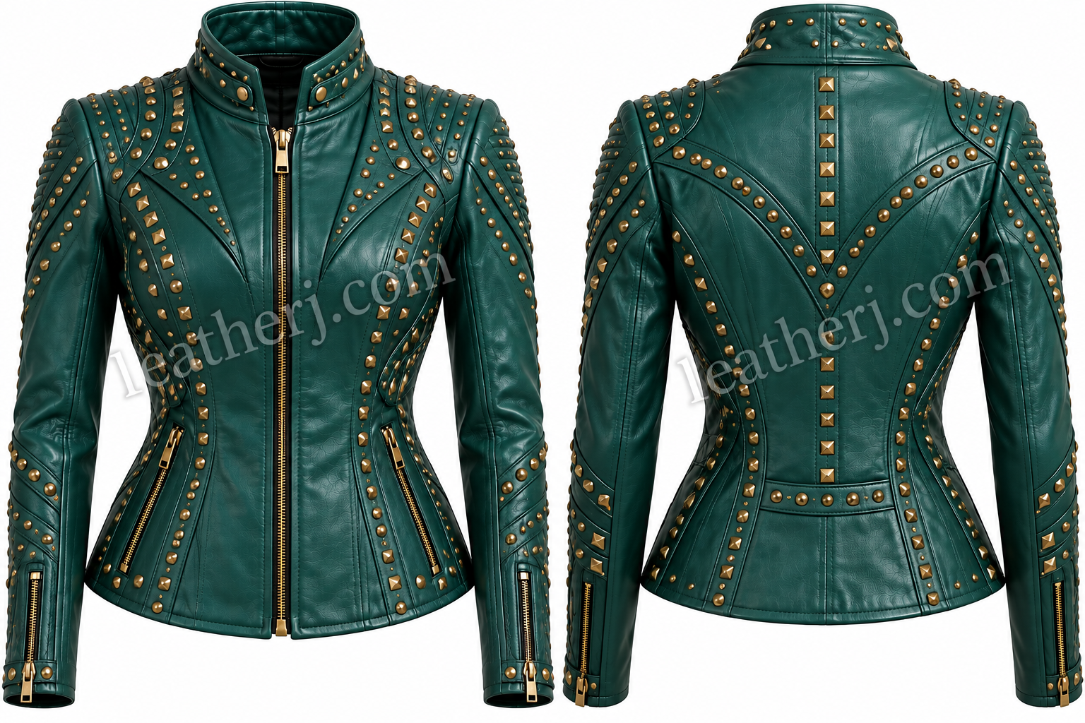 Women’s Emerald Green Studded Leather Biker Jacket