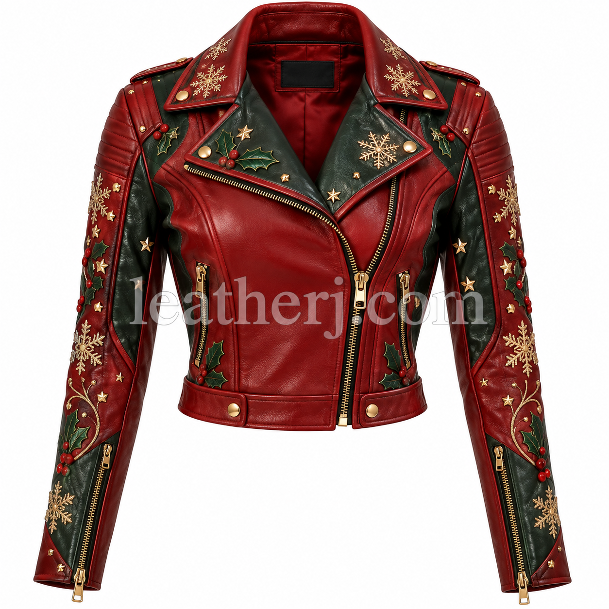 Title: Women’s Christmas-Themed Cropped Leather Biker Jacket